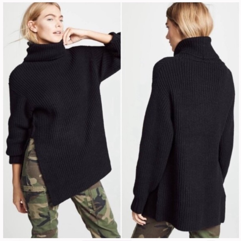 Free People Eleven Sweater Chunky Knit Turtleneck Black Tunic Length L Large